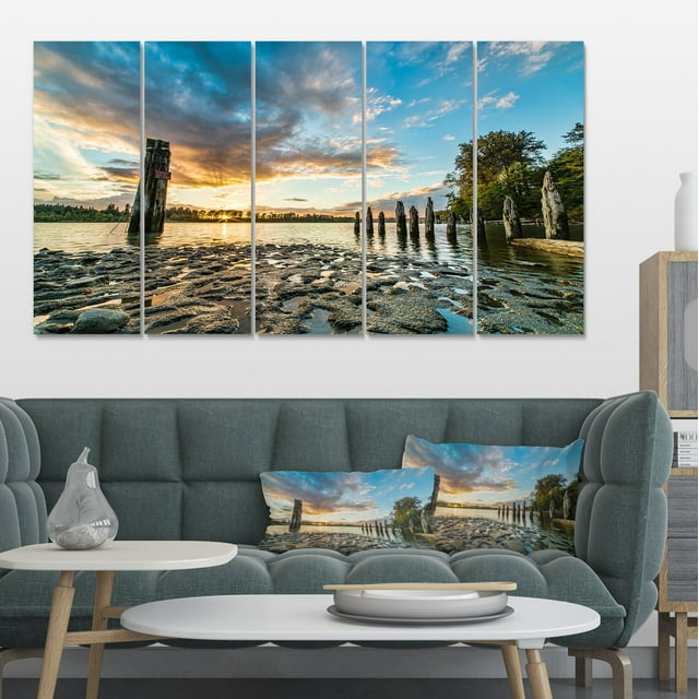 Riverside Sunset with Wood - Modern Seascape Canvas Artwork