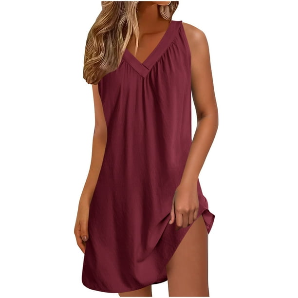 Una Línea de Vestidos de Verano para las Mujeres 2025 sin Mangas Vestido de Noche Suave, Cuello en V Plisado Vestido de Sueño Ligero