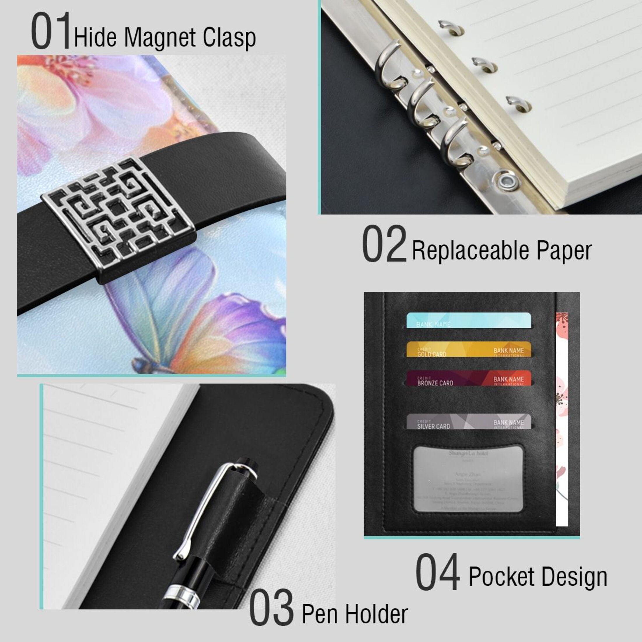 Leather Planner Leather Notebook Notebook Journal Binder Design Pen Pocket Design Convenient for Storage Light Blue Rainbow Butterfly