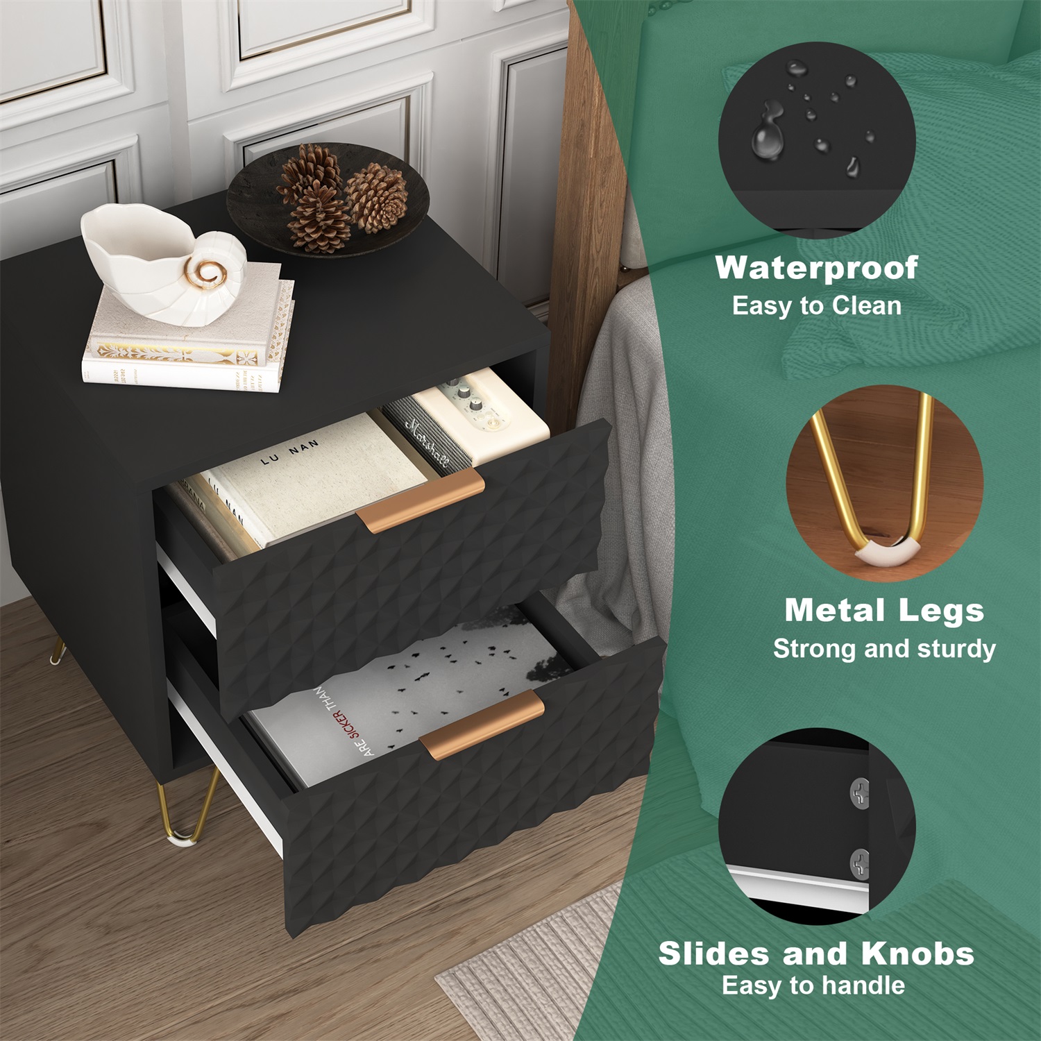 Hommoo Nightstand Set of 2, Carving Texture Night Stand End Side Tables, Modern Bedside Tables with 2 Drawers, for Bedroom Living Room, Black