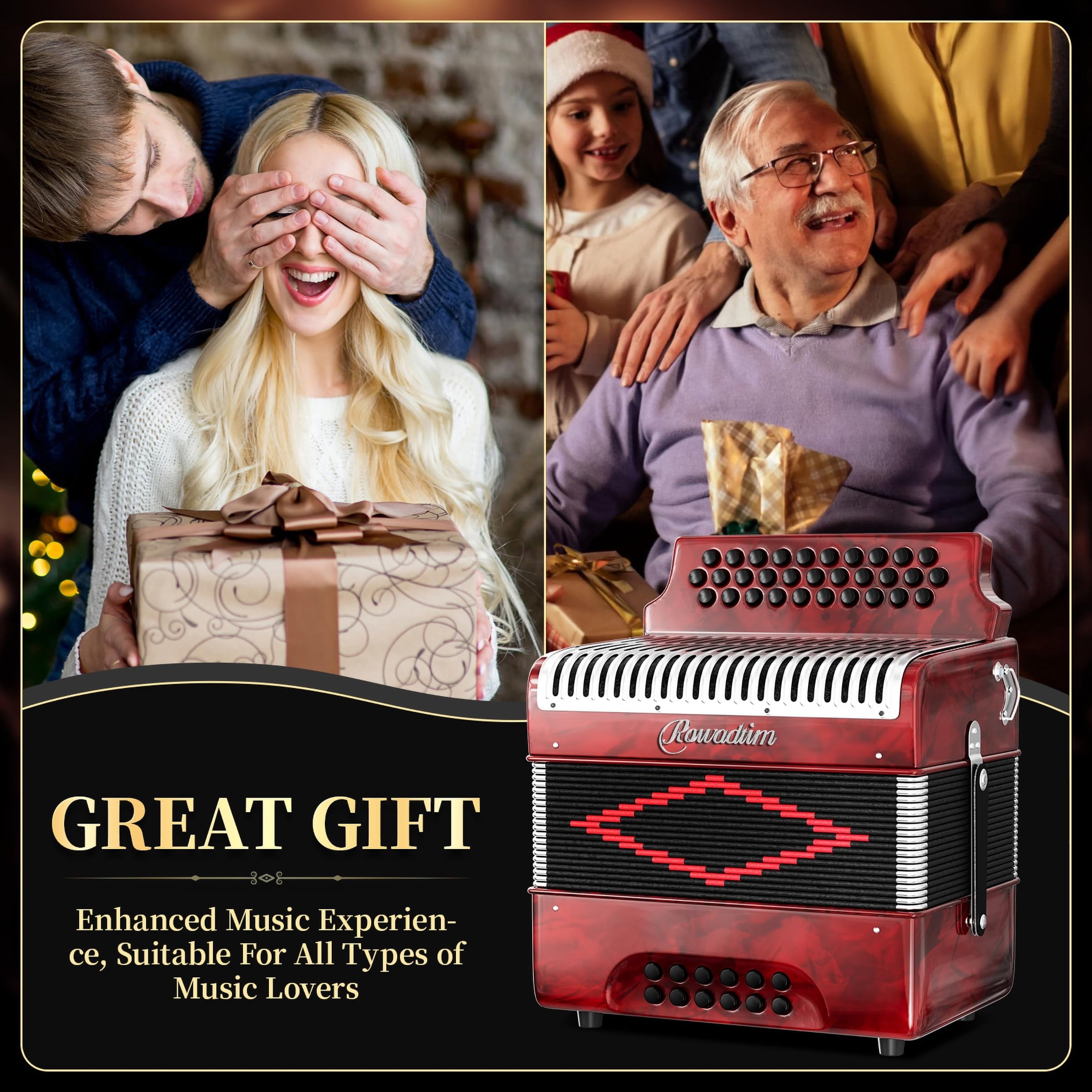 Rowadtim 31 Key Diatonic Accordions, 12 Bass Buttons (G/C/F Tuning) Suitable for Beginners, Adults, Performances and Teachers; Comes with  Case, Adjustable Strap, Gloves and Polishing Cloth (Red)