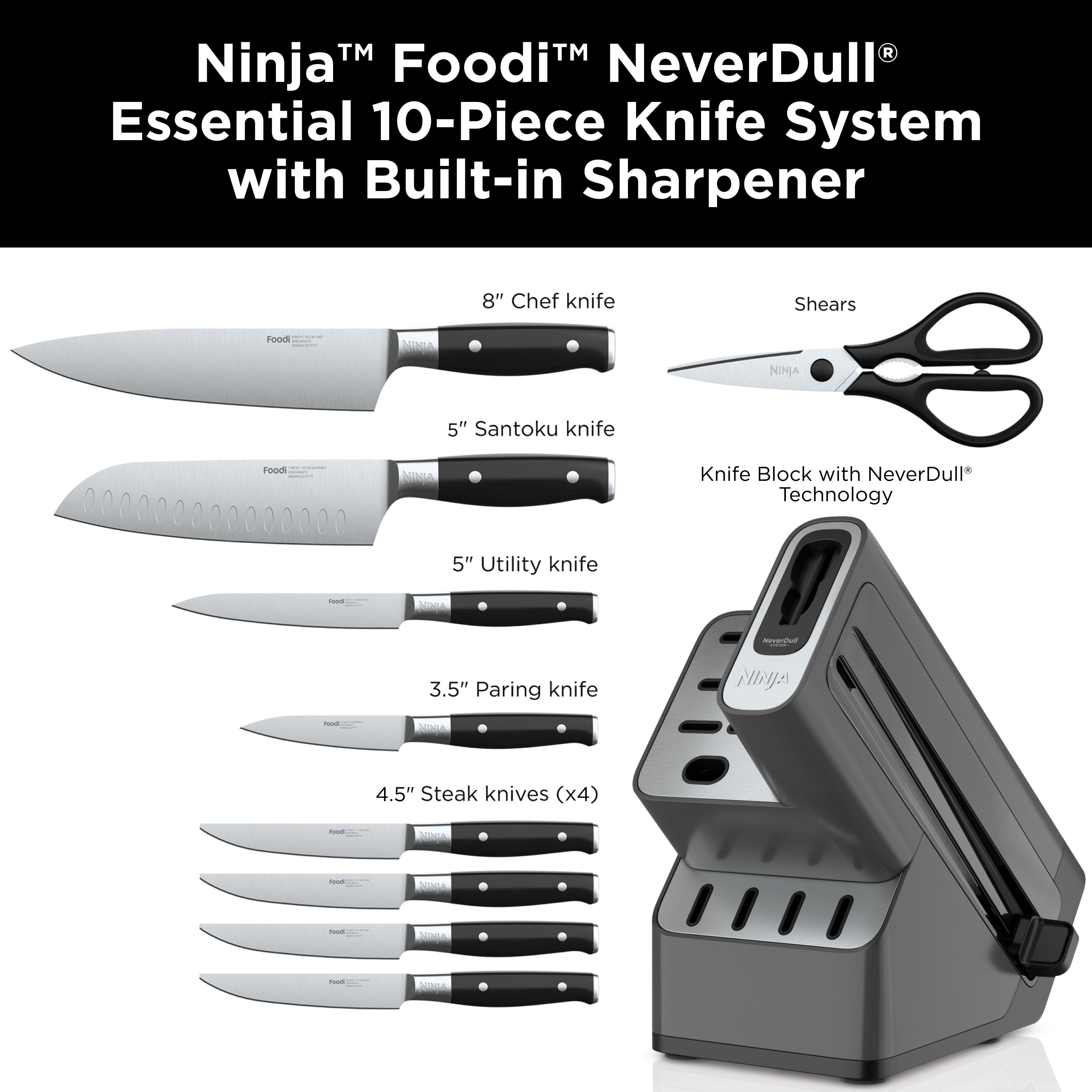 Ninja Foodi NeverDull 10-Piece Essential Knife System with Sharpener,  Stainless Steel, K12010