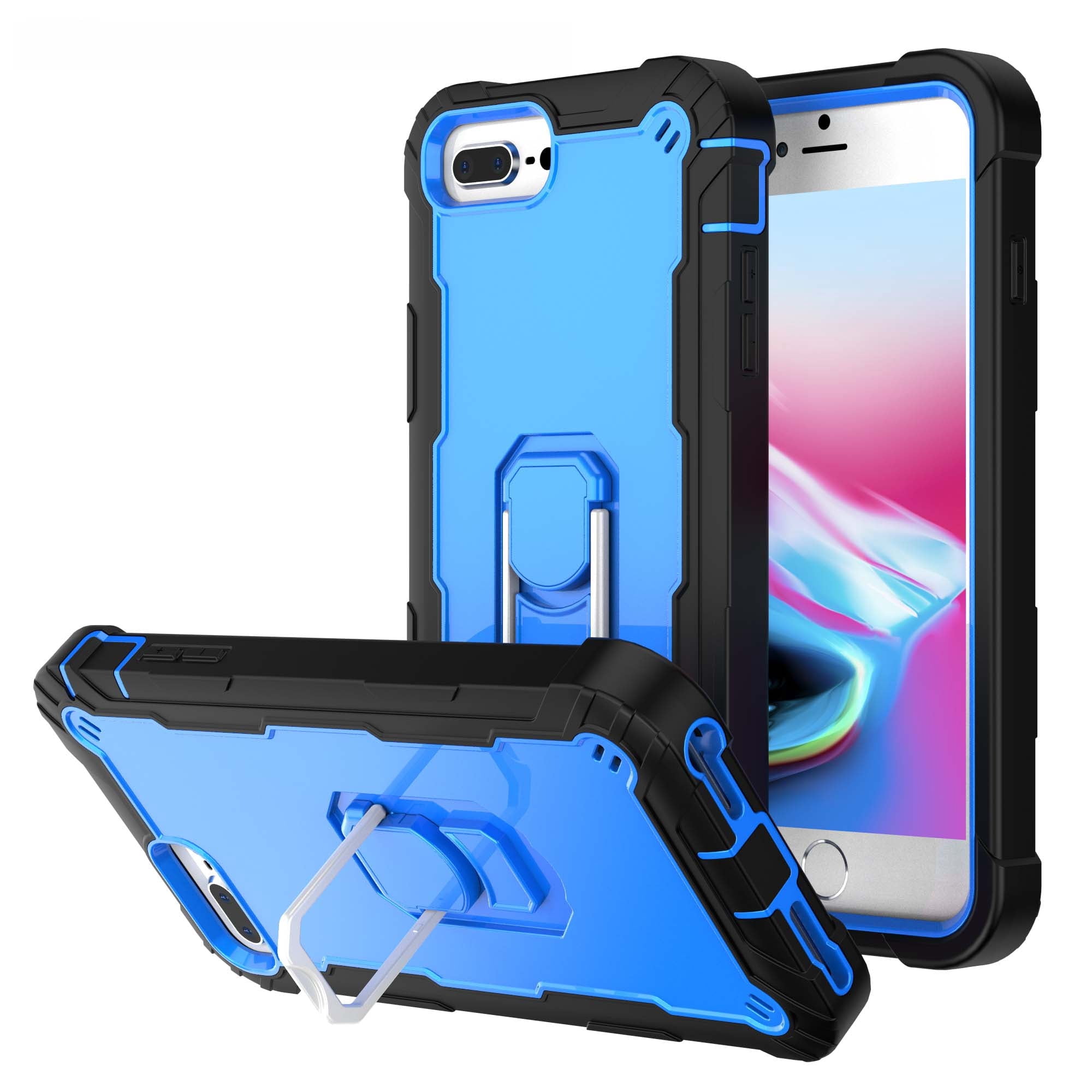 iPhone 6 Plus/iPhone 7 Plus Case 5.5", iPhone 8 Plus Cover, Heaavy Duty Four Layer Dropproof Defender Ring Kickstand Cell Phone Case for iPhone 8 Plus/7 Plus/6 Plus(5.5 inch), Black + Blue