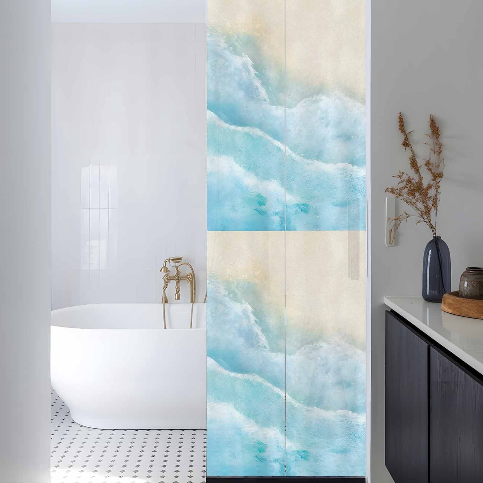 Ocean Beach Window Privacy Film, Gradient Blue Ocean Waves Beige Beach Frosted Glass Window Clings Static Cling UV Heat Blocking Reusable Door Sticker for Bathroom 29.5 x 118 Inch