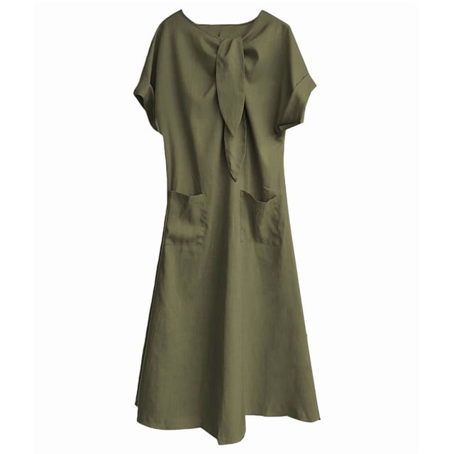Robe Maxi Évasée Élégante à Manches Courtes avec Poche à Ruban pour Femmes, Coupe Ample Décontractée, Robe d'Été Verte P