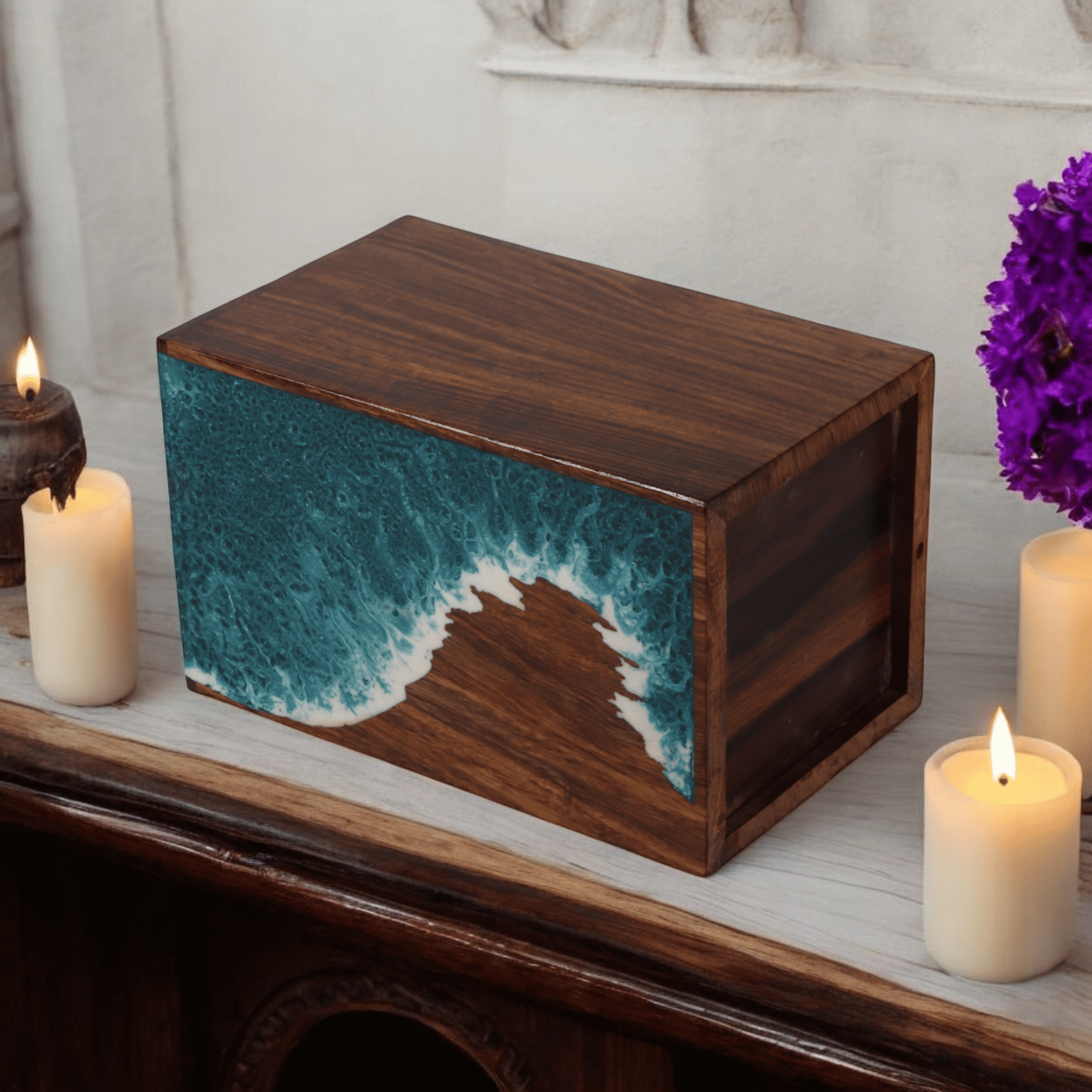 Wooden Cremation urn for Human and pet Ashes (Sea Green Sea & Waves, Keepsake, Sea)