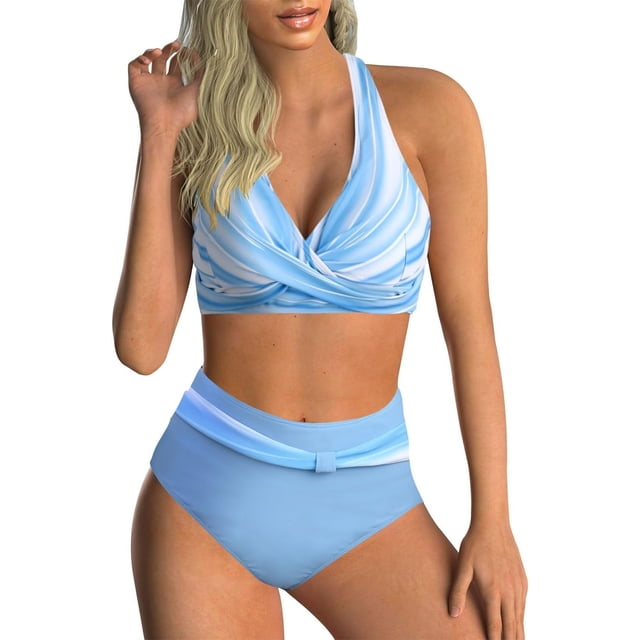 LAICAIW Womens Two Piece Swimsuits Wrap Front Bikini High Waisted Bottom Tummy Control Bathing Suits Vintage Print Swimwear