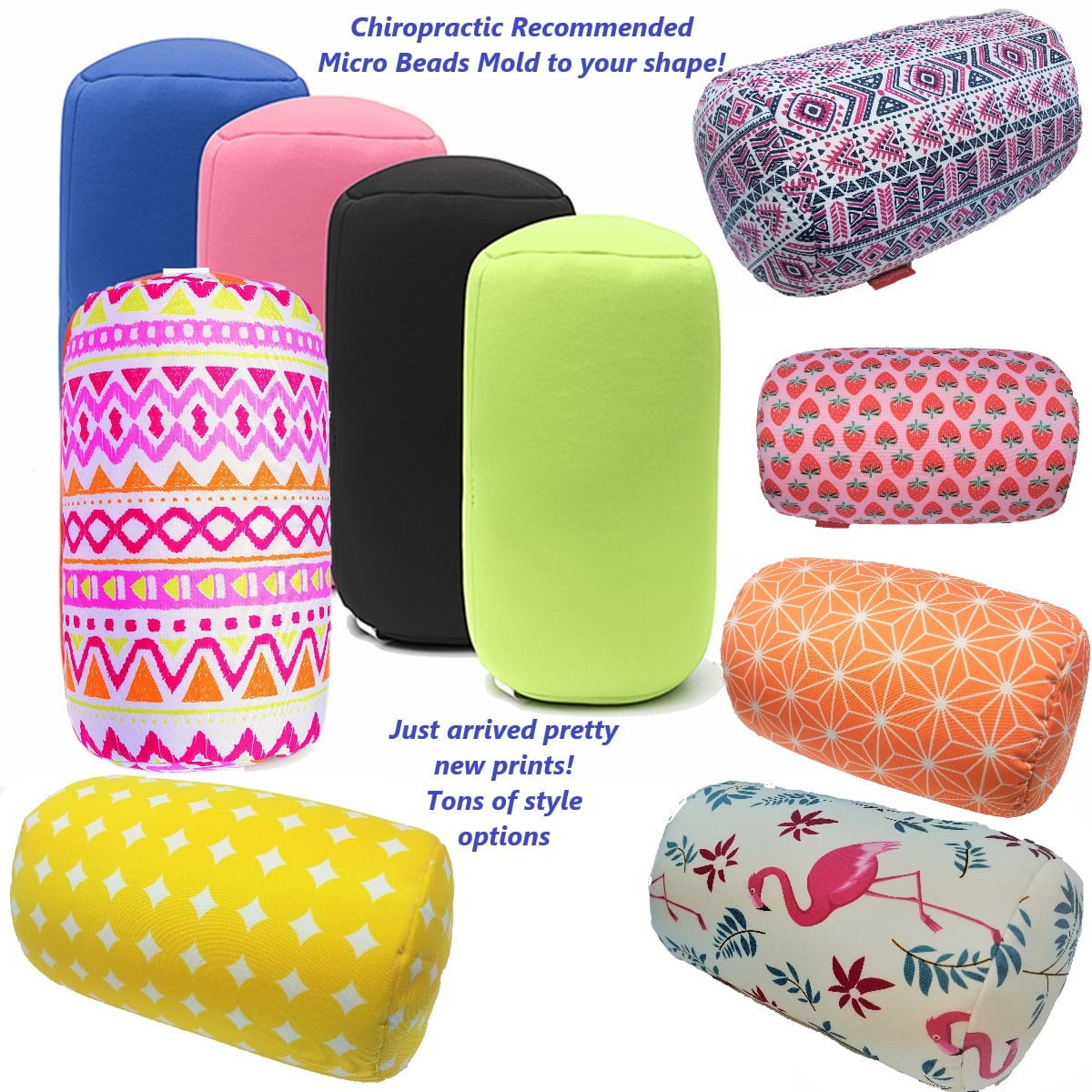Bookishbunny 2pk Micro Bead Bolster Tube Pillow Cushion for Car Sofa Bed Room Decoration Hypoallergenic Odorless Squishy and Cool Fabric Blue//RainbowDot Back Neck Head Body Support