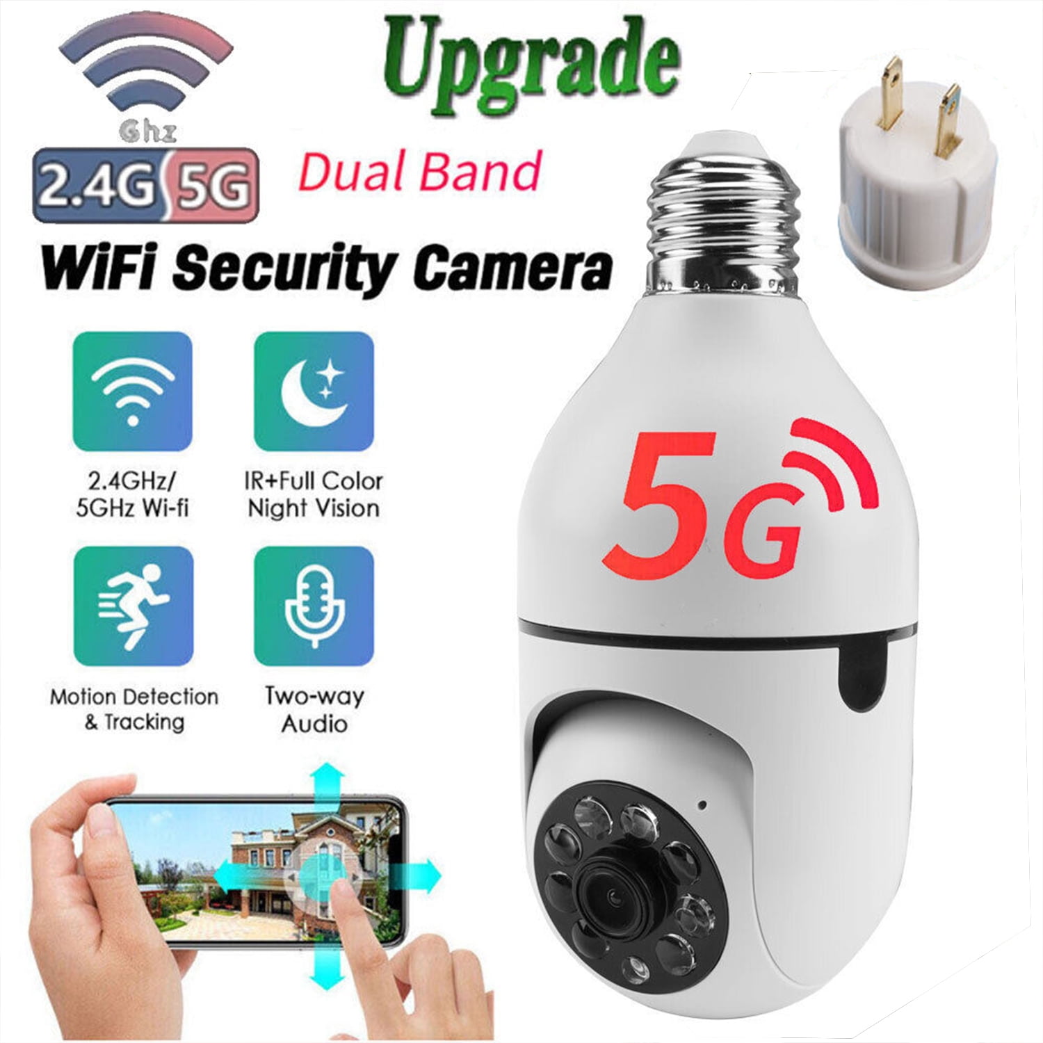 Xhy Light Bulb Security Camera Home Outdoor, 2.4GHz & 5G WiFi 1080P