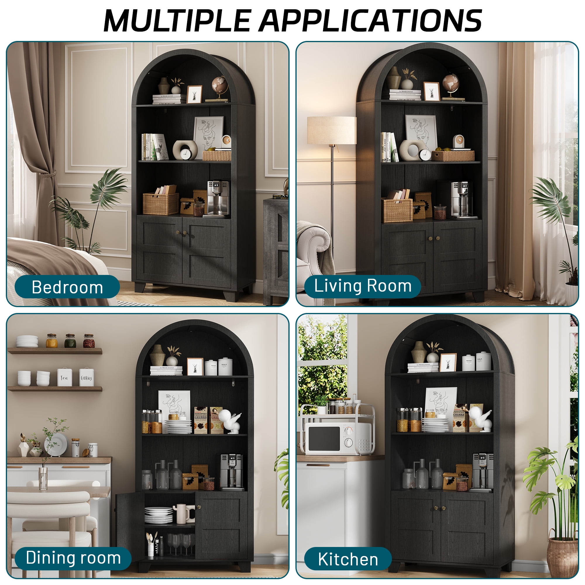 70'' Tall Arched Cabinet, Arched Kitchen Pantry Cabinet with 2 Doors and 5shelves, Open Storage Cabinets Display Bookcase, Versatile Cupboard for Living Room(Black)