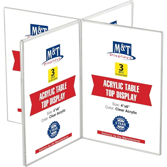 M&T Displays Cross Frame Tabletop 4x(4x6) inch Picture Sign Menu Holder Acrylic Advertisement Frame - 3 Pack