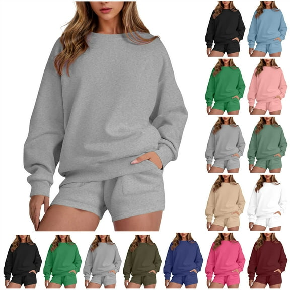 QATAINLAV Lounge Sets for Women Long Sleeve Round Neck Pullover Tops and and Shorts with Pockets 2 Piece Set Fall Outfits, Black, L, Mothers Birthday Gifts