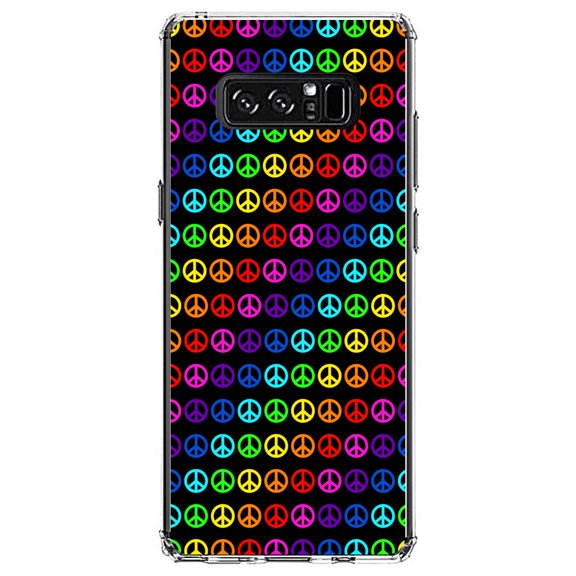 DistinctInk Clear Shockproof Hybrid Case for Samsung Galaxy Note 8 - TPU Bumper, Acrylic Back, Tempered Glass Screen Protector - Black Rainbow Peace Signs