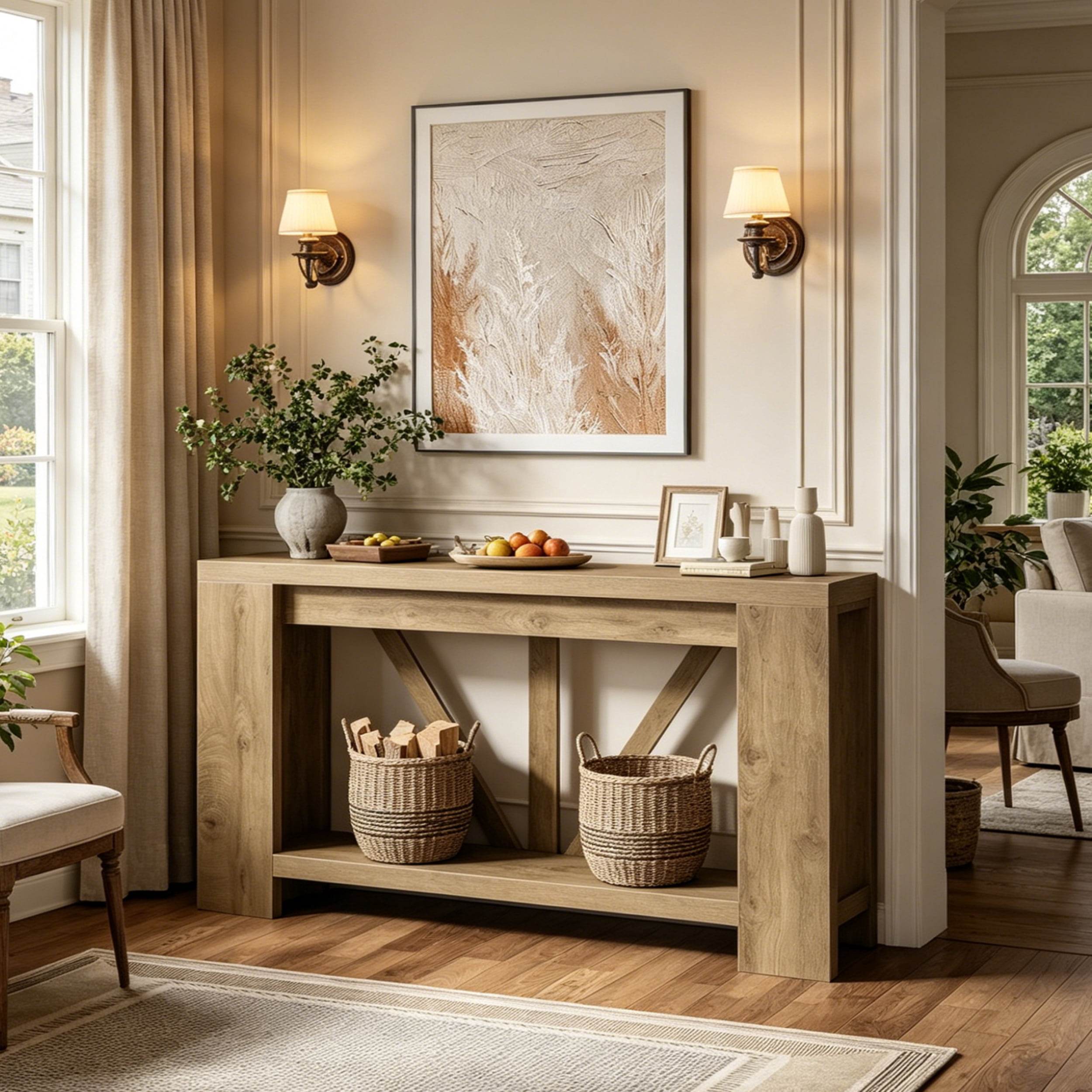 Fnova 70.9" Console Table, 2-Tier Farmhouse Entryway Table, Narrow Long Wood Sofa Table Behind Couch with V-Shaped Support for Living Room, Hallway, Foyer