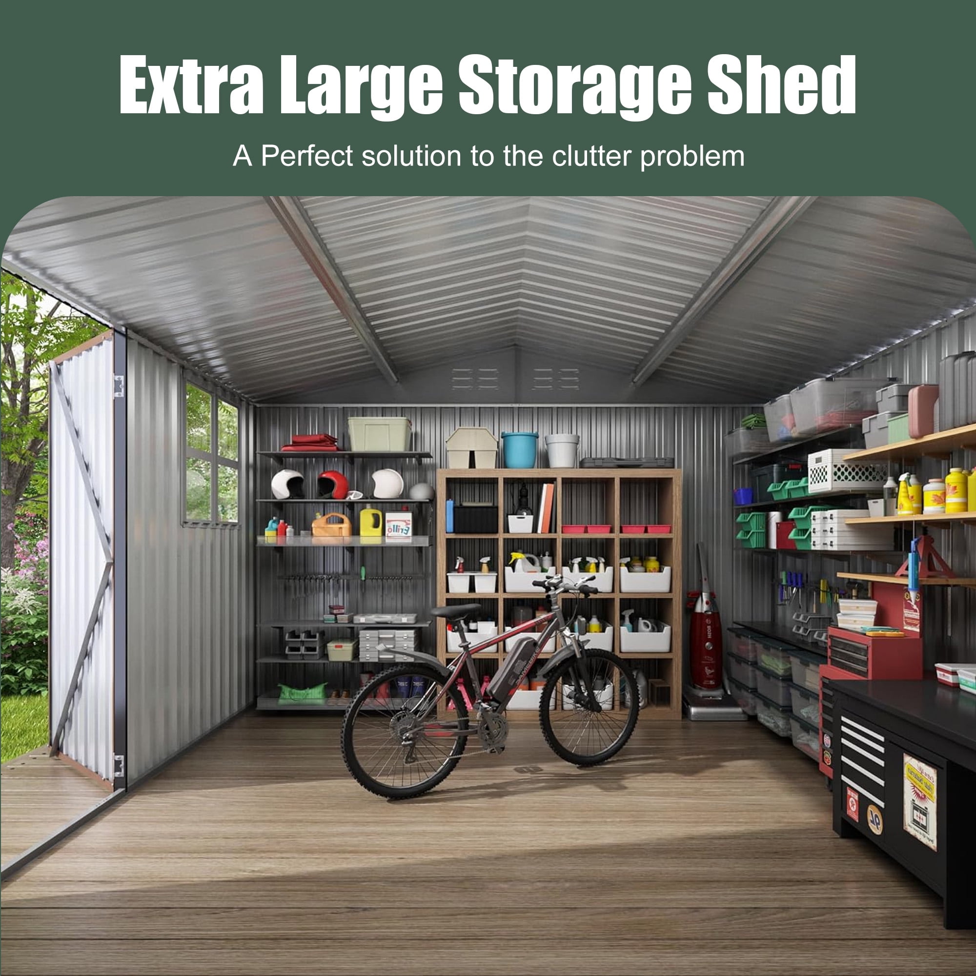 Aukfa 10 x 12FT Outdoor Storage Shed with Lockable Door, Metal Garden Tool Shed with Window & Sloped Roof for Backyard, Patio and Backyard, Gray