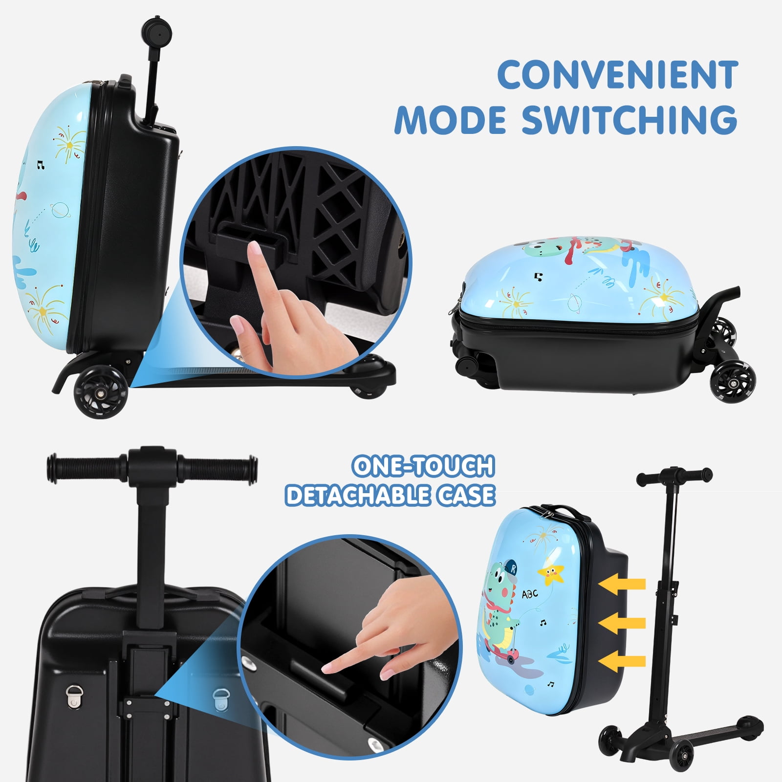 Kids Scooter Suitcase with LED Wheels, Foldable Detachable Ride-On Travel Luggage, Light Blue