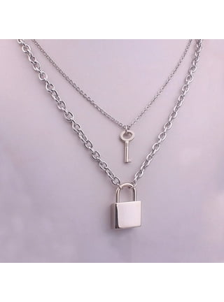 Stainless Steel Chain Necklace Lock Key Pendant Necklace Couple Padlock  Necklace 