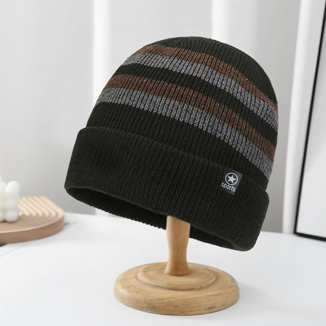 YAOBAMM Men Winter Beanie Winter Knitted Hat Striped Color Matching Thick Elastic Warm Soft Windproof Slip Cold Resistant Men Outdoor Skiing Beanie