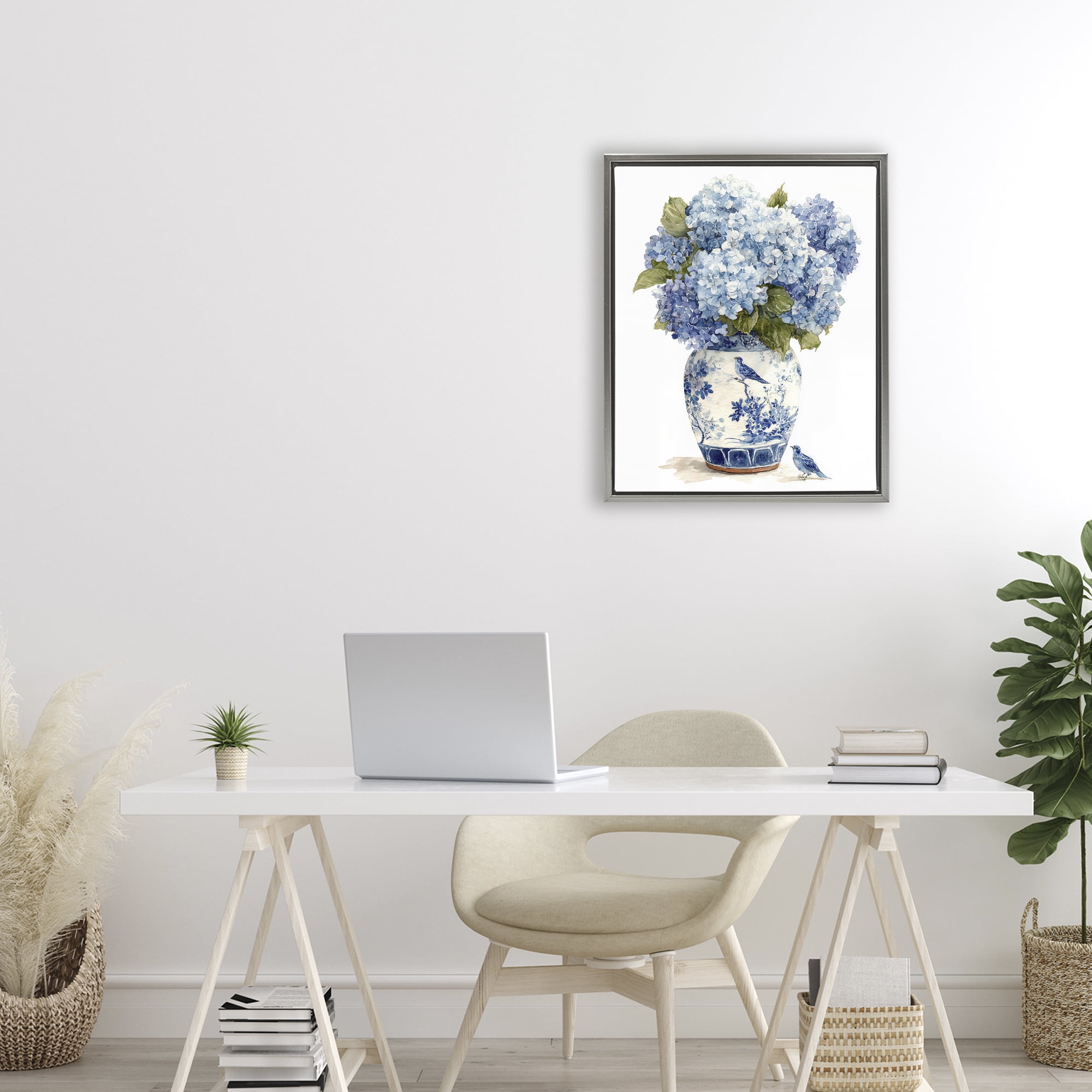 Stupell Industries Blue Bird & Hydrangea Vase Gray Framed Floater Canvas Wall Art, design by Imagine It Images