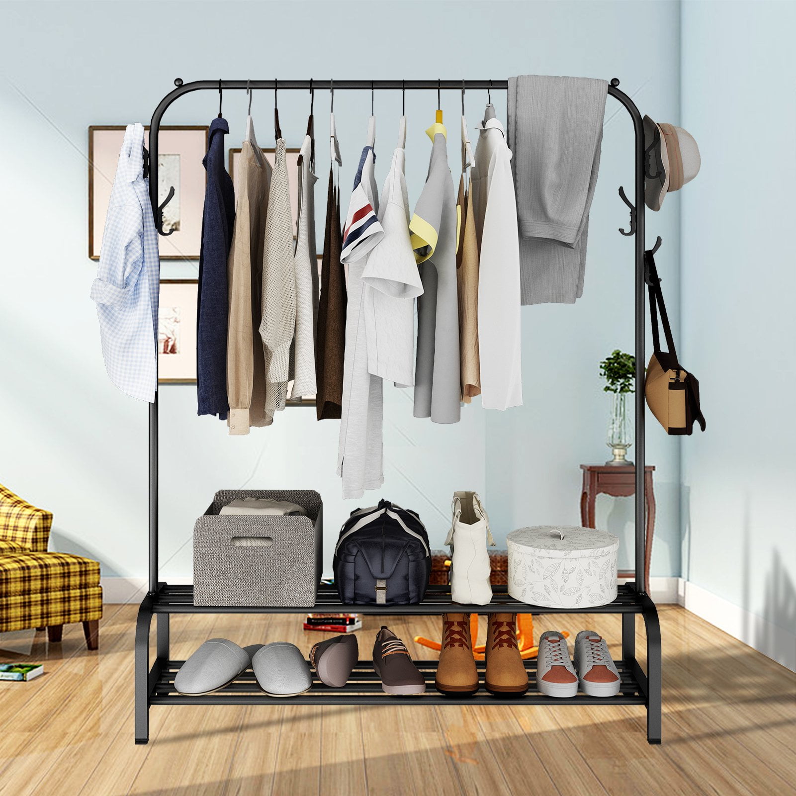 Clothes Rack Clothing Rack for Hanging Clothes Garment Rack W 6 Hooks 2 Tier Storage Shelf Single Rail Clothes Rack Stand Free Standing Black Garment Rack in Kosovo at 49 Rating 4