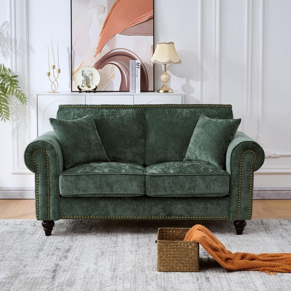63" Green Modern 2-Seater Sofa with Rolled Arms, Chenille Fabric Couch, Wood Legs, Nailhead Trim for Living Room, Apartment, Comfortable Seating