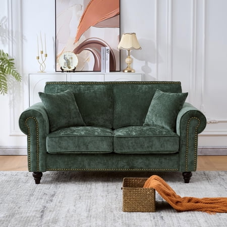 63" Green Modern 2-Seater Sofa with Rolled Arms, Chenille Fabric Couch, Wood Legs, Nailhead Trim for Living Room, Apartment, Comfortable Seating