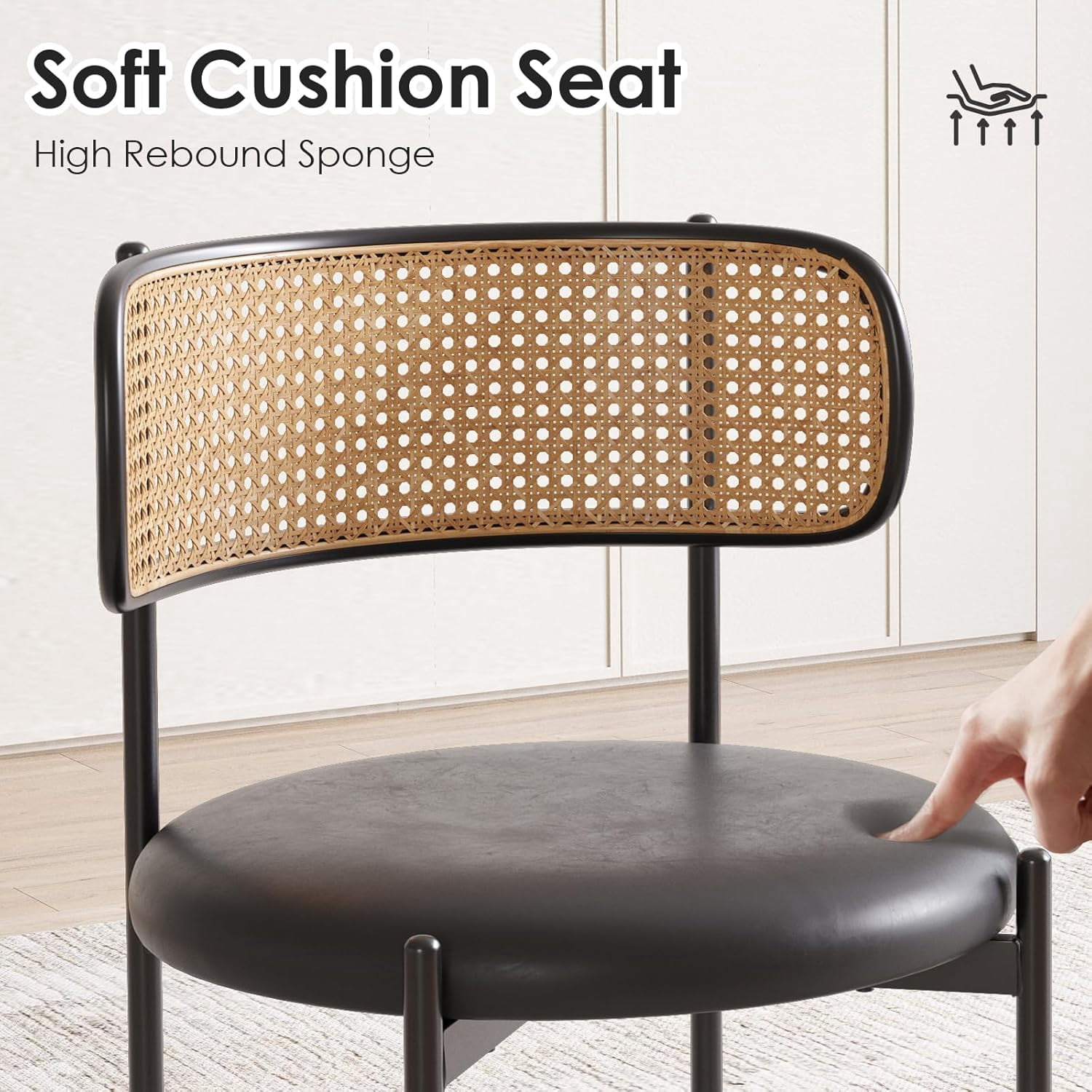 Farini Dining Chairs Set of 4, Upholstered PU Leather & Woven Rattan Side Chairs with Metal Legs for Kitchen, Dining Room, or Cafe, Black
