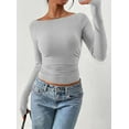 thumbnail image 2 of PRETTYGARDEN Long Sleeve Shirts for Women Fall Ruched Sides Boat Neck Basic Tee Casual Fitted Ribbed Knit Crop Tops, 2 of 6
