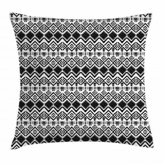 Geometric Throw Pillow Cushion Cover, Monochrome Hand Drawn Tribal Pattern Abstract Aztec Motifs Ancient Civilizations, Decorative Square Accent Pillow Case, 16 X 16 Inches, Black White, by Ambesonne