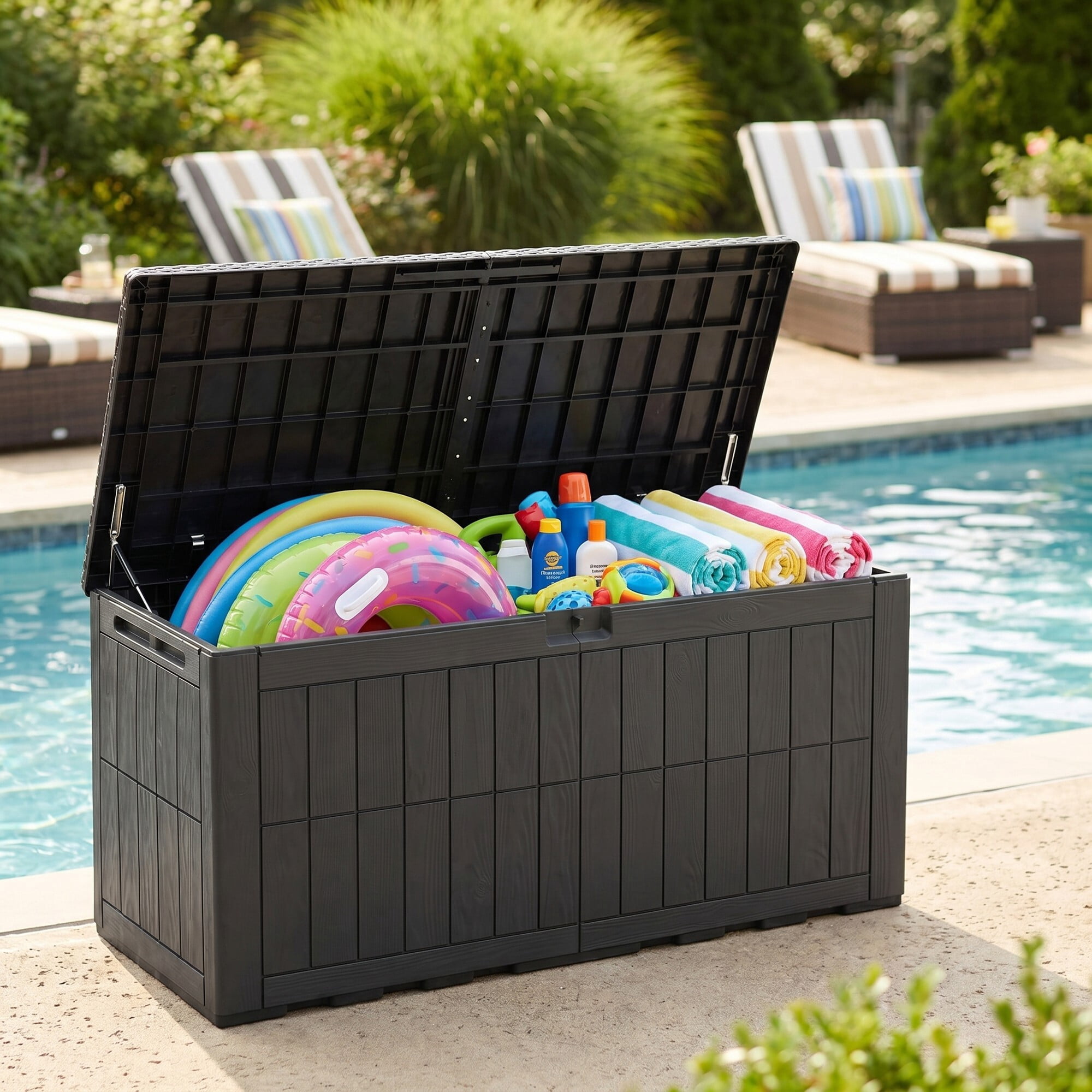 Uforic 134 Gallon Waterproof Outdoor Storage Box with Lock, Resin Deck Box with Hydraulic Support, Weatherproof Storage Bin for Patio Cushions Garden Tools Pool Supplies, Black