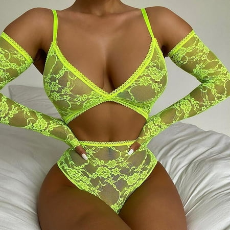 

Women Sexy Cold Shoulder Long Sleeve Lingerie Set Two Piece Lace Bra and Panty Set Bralette Sleepwear