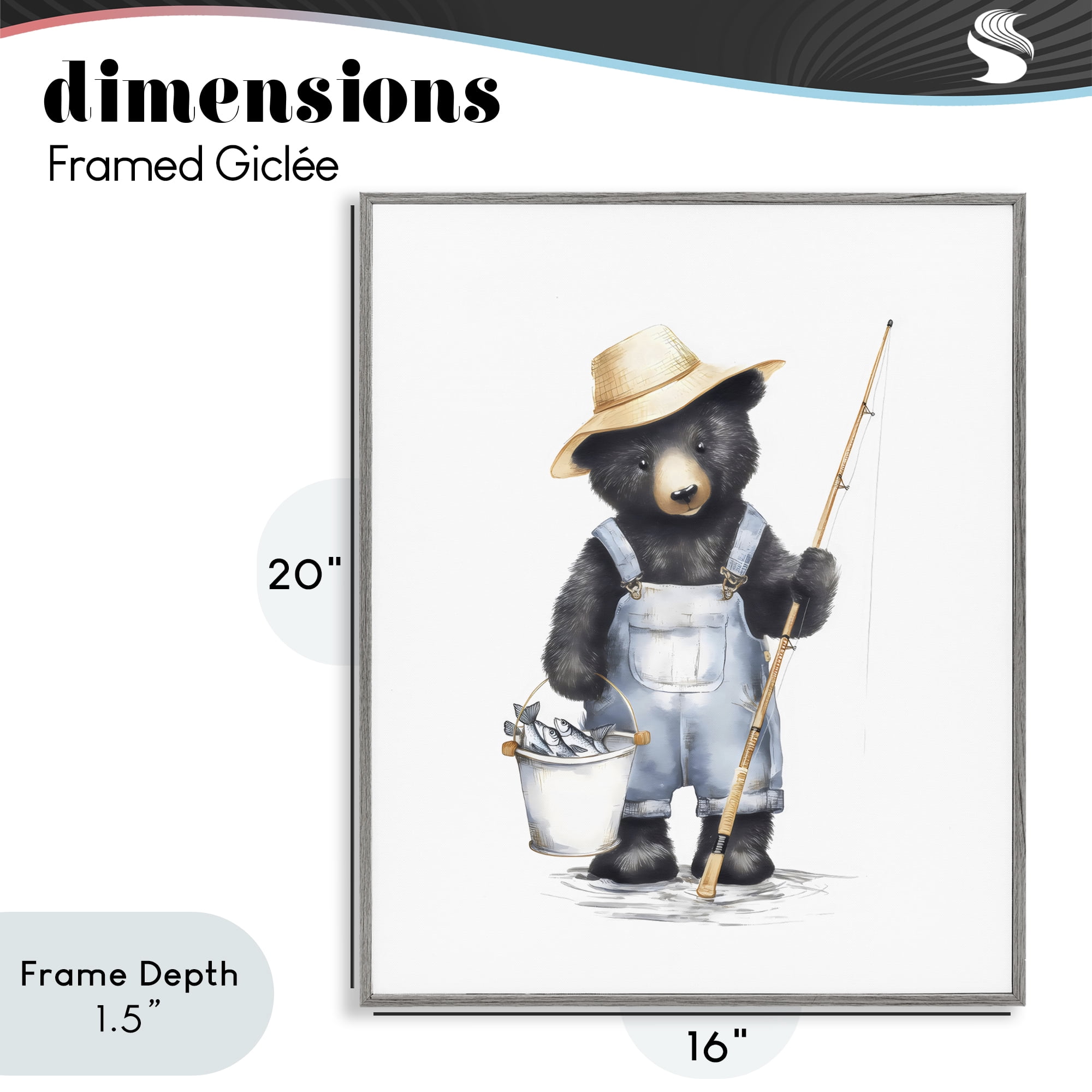 Stupell Industries Fishing Bear in Straw Hat Gray Framed Giclee Art, design by Arlington Prints