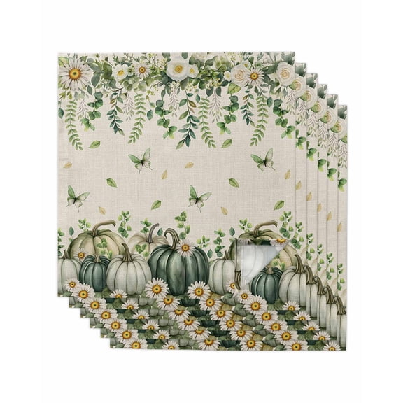 Green Pumpkin Fall Cloth Napkins Set of 6 Reusable Dinner Napkins, Thanksgiving Eucalyptus Daisy Linen Cocktail Napkin Washable Table Napkins for Wedding/Holiday Party/Baby Shower 20"x20"