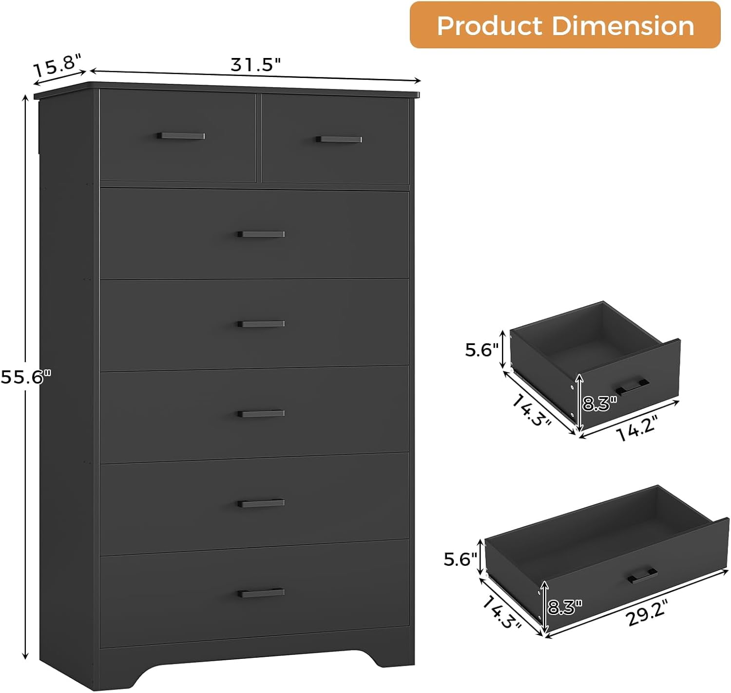 Aunfebrco Black Dresser for Bedroom with 7 Drawers Modern Vertical Chest of Drawers with Metal Handle Tall Storage Dresser Organizer for Living Room
