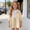 thumbnail image 6 of Mifsaly Girls 2 Piece Summer Outfit Set Button Down Long Sleeve Shirts and Drawstring Elastic Waist Shorts Lightweight Kids Casual Loose Matching Loungewear, 6 of 8