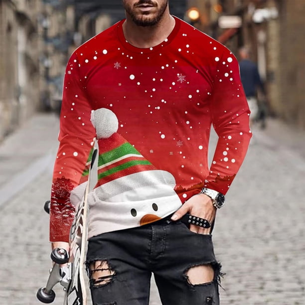 Blusas y camisas de manga larga y cuello redondo para hombre, informales, a la moda, con estampado navideño, cuello redondo, blusas de licra de manga larga para hombre.