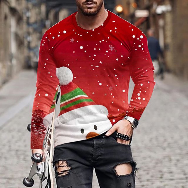 Blusas y camisas de manga larga y cuello redondo para hombre, informales, a la moda, con estampado navideño, cuello redondo, blusas de licra de manga larga para hombre.