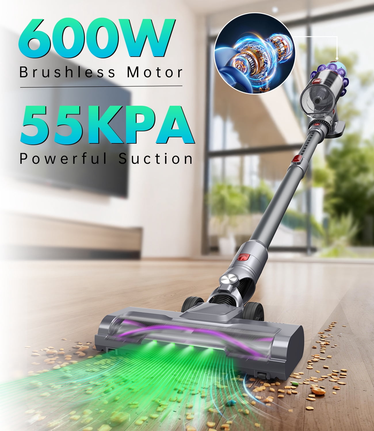 Vexwin 55Kpa Cordless Stick Vacuum Cleaner 60Mins 600W Brushless Motor for Pet Hair Carpet