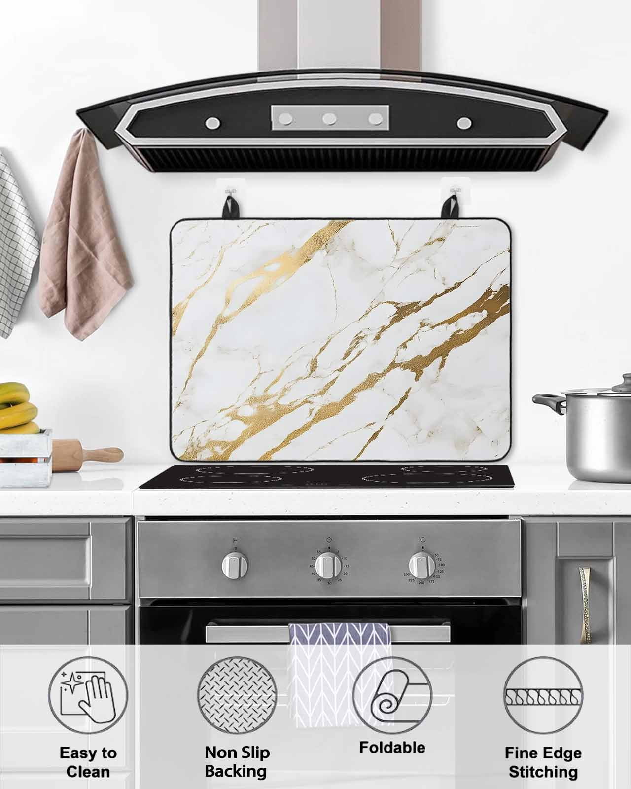 nqOlkjepod Large Induction Cooktop Protector Mat 24"x21", White Gold Modern Stove Top Covers for Electric Stove, Abstract Vintage Marble Geometric Stove Burner Cover Mats, Glass Top Stove Cover