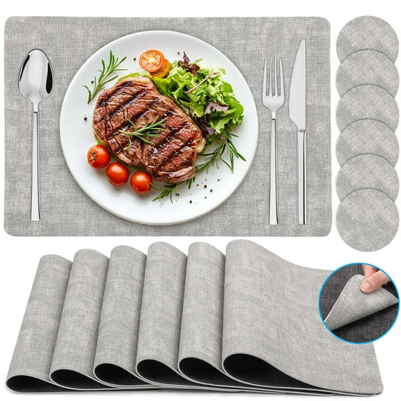 LIZEVINC Placemats for Dining Table Set of 6, Faux Leather 100% Waterproof Oil-proof Place Mats with Coasters, Heat Resistant Dual Sided Table Mats for Kitchen/Dining/Party,12 x 18 Inch,Non-Slip,Grey