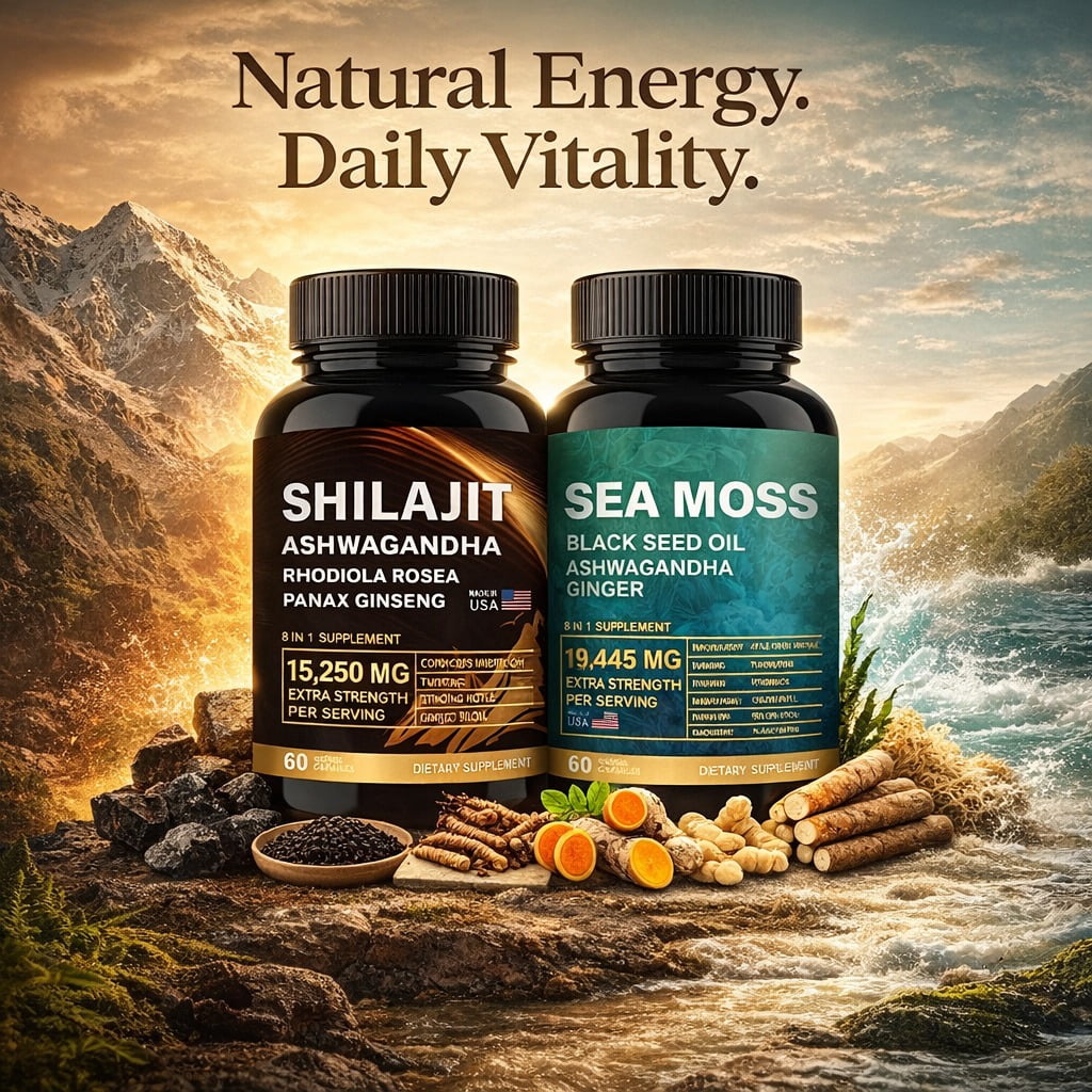 DEZEN Shilajit 15250mg & Sea Moss 19445mg - 60 Count Each with Black Seed Oil, Ashwagandha, Ginger, Rhodiola Rosea