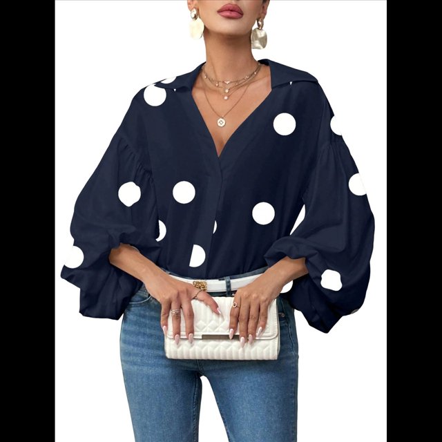 Blusa Holgada de Larga con Cuello Semiabierto y Lunares Franceses para Mujer Azul Marino XL