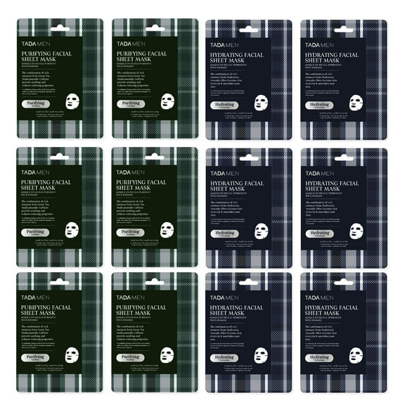 TADA Men 12PK Skin Care for Men, Face Masks Bulk, Korean Face Sheet Mask, Self Care Gifts Bulk (Green Tea & Hyaluronic)