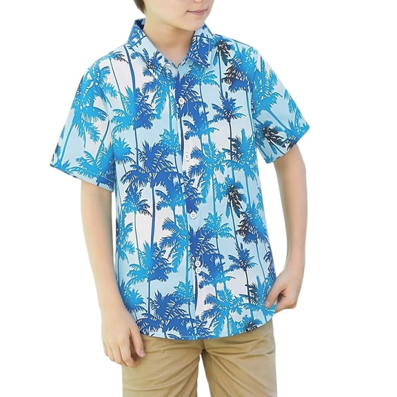 Bysome Boys Tops Summer Tree Print Short Sleeve Lapel Neck Tees Breathable Boys Shirt Size 3-4 Years Sky Blue