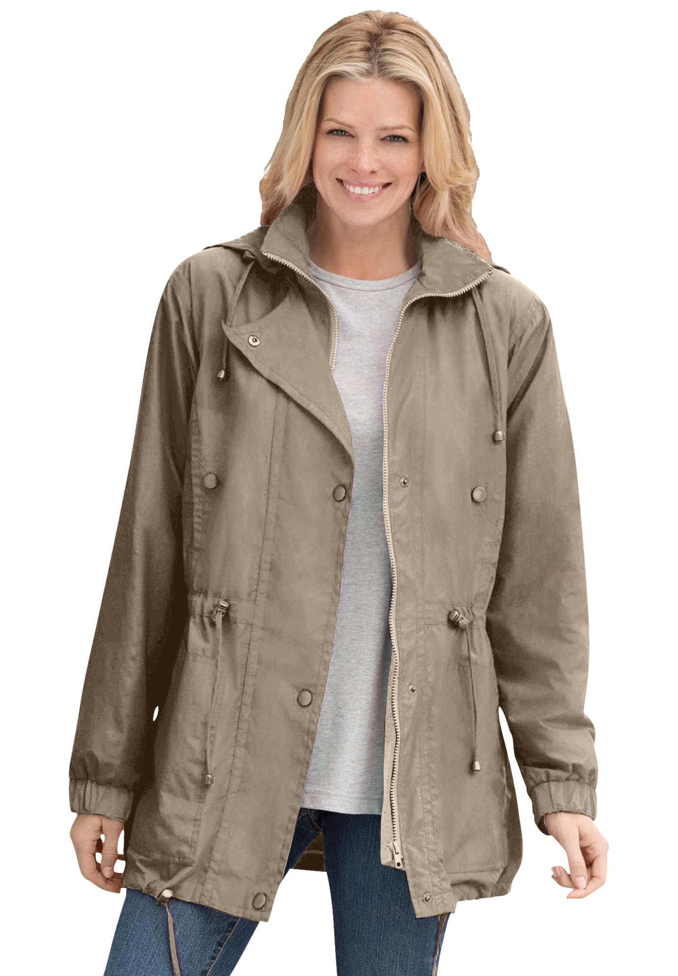 Woman Within Women's Plus Size Fleece-Lined Taslon Anorak Jacket - 2X, Bark Brown -