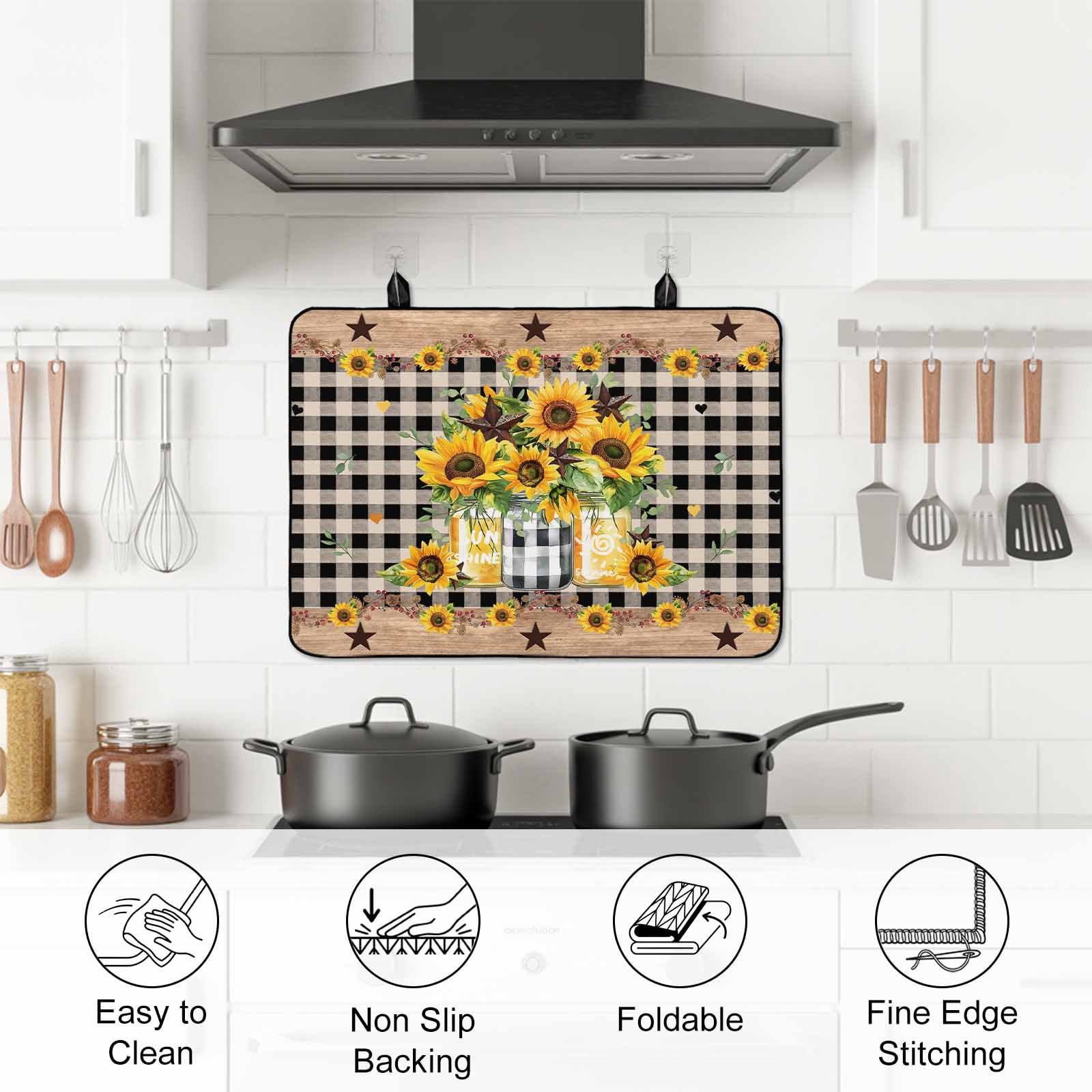 Sunflower Stove Top Cover for Electric Stove, Heat-proof & Non Slip Glass Top Stove Cover Protector, Black White Plaid Farmhouse Stars Kitchen Flat Cooktop Rubber Mat 24x21 Inches