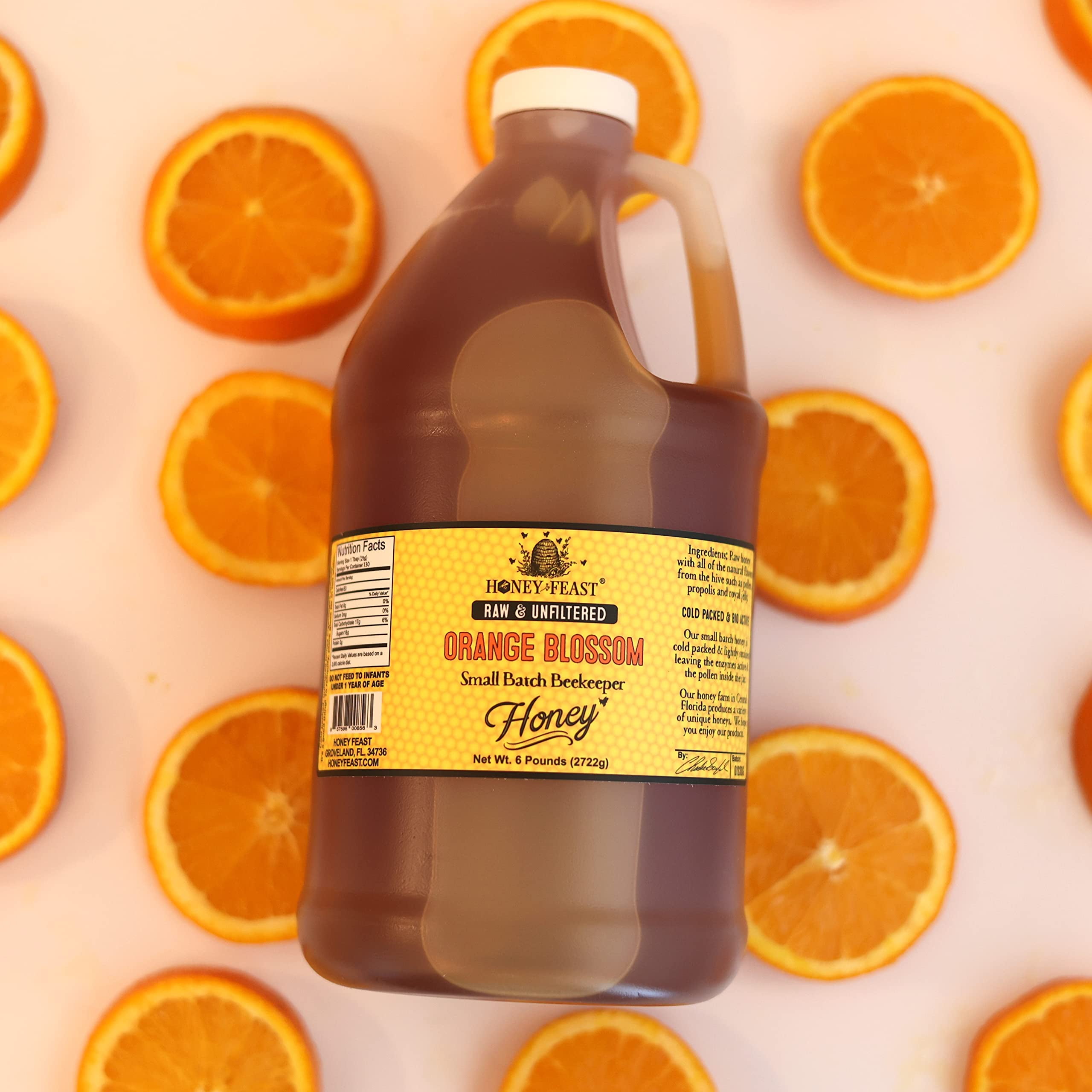 HONEY FEAST Raw Orange Blossom Honey - 6 Pounds (Pack of 4), All Natural, Unfiltered, Unheated, from Oranges, Perfect for Sweetening & Baking