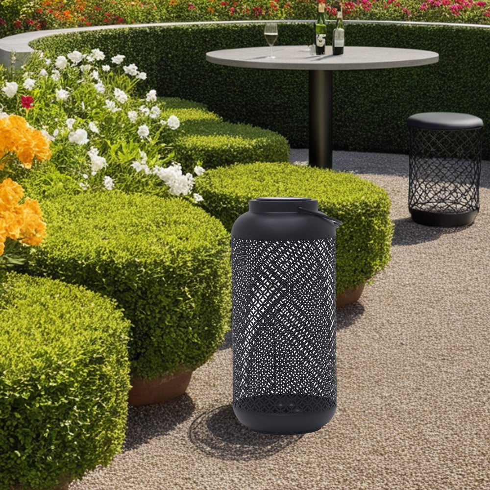 Abble Outdoor Solar Lantern Light Metal Decorative Light Patio Garden Lantern with Hollowed-Out Design Hanging Lantern - Carbon Black