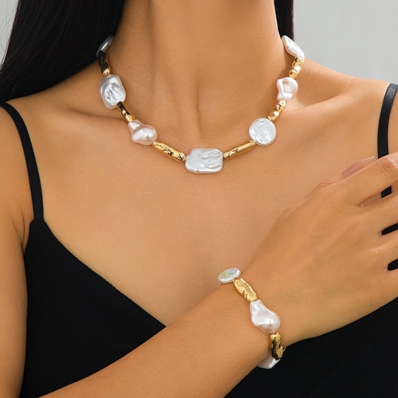 Irregular Faux Pearl Beaded Jewelry Set for Women, Matching Pearl Strand Necklace and Bracelet Set