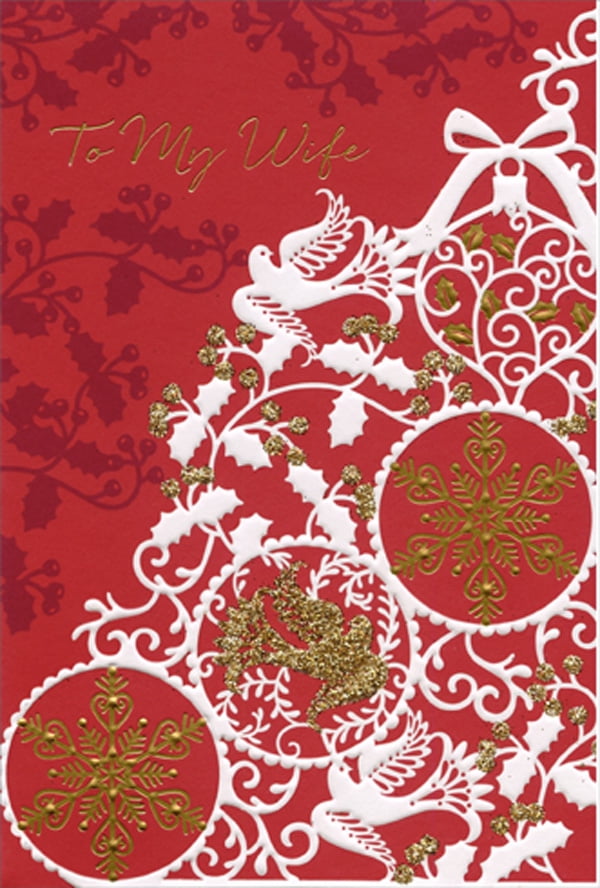 Pictura White Doves, Ornaments and Holly Silhouettes on Deep Red Wife Christmas Card